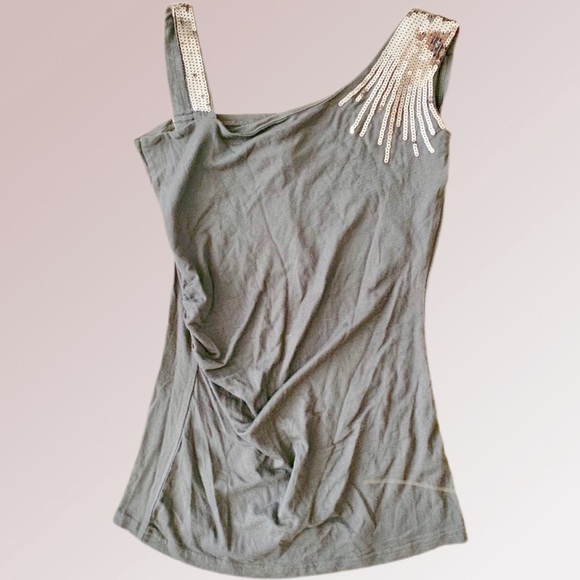 SOLD Y2K Vintage Tank Top Silver Mirror Sequin Stretchy Soft Gray FCNY Small 00s - Picture 7 of 11